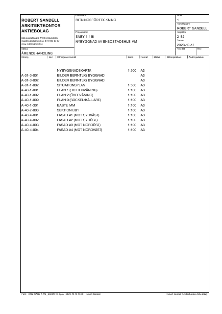 ÄRENDEHANDLING 2023-10-13 — combined 2023 case set (4th and final issue): contains the studio/bastu sheets behind the Phase 1 permit; the new-house portion was overturned by Länsstyrelsen Dec 2024