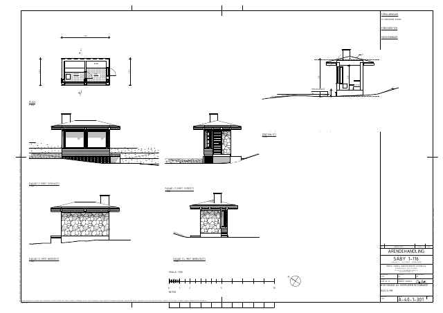 Bastu — plan, fasader, sektion (A-40-1-301; bastu sheets now in the 2026-06-29 Förslagshandling, A-40-3 series)