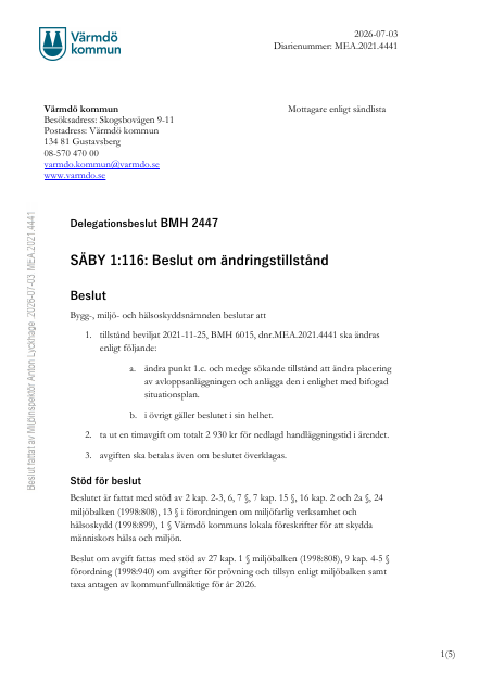 Delegationsbeslut — ändringstillstånd avlopp (BMH 2447, MEA.2021.4441): new placement per 2026-06-22 situationsplan; original tillstånd otherwise in force