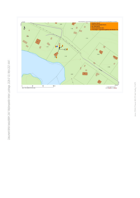 Situationsplan till ändringstillstånd BMH 2447 — approved avlopp placement (Ecobox Small + efterpoleringsbädd 6 m², 32 m from drinking-water well)