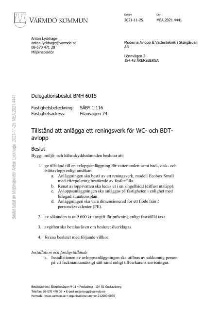 Delegationsbeslut — WC+BDT till minireningsverk (BMH 6015 B — the now-lapsed avlopp permit, MEA.2021.4441)