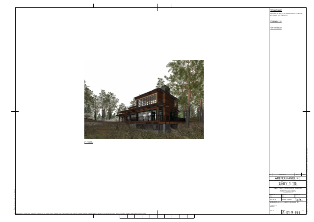 Skissvy — layout (A-01-9-999, title block 2023-10-12; rejected new-house design)