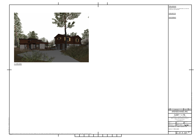 Skissvyer — renderings of the rejected 2023 new-house design (title block 2023-07-03; a few incidental bastu views bundled in)