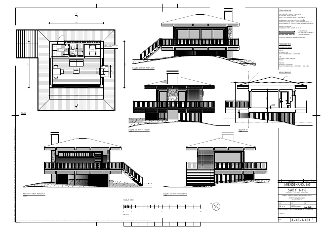 Studio / gäststuga — plan, fasader, sektion (A-40-1-401; original position +31.80, before the inspector-approved move)